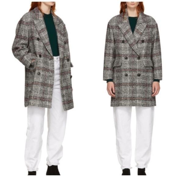 Isabel Marant Etoile Ebra Double Breasted Plaid Coat Black Red FR 42 Extra Large - Picture 1 of 9